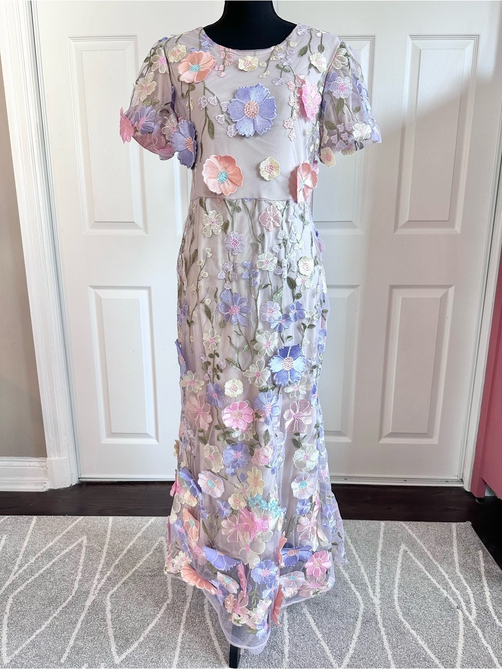 SHEIN Nude and Pastel Netted Maxi Dress with Floral Embroidery and 3D Flowers